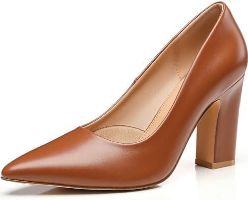 Trary Heels for Women Closed Pointed Toe Chunky Pumps Shoes Women Block High Heels Comfortable Slip-On Dress Office Party Wedding Shoes 3.54" Heel, Size 9.5