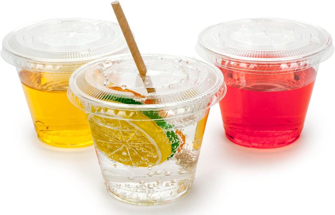 GOLDEN APPLE Cup series, 9oz Clear Plastic cups with Flat lids with hole 30sets, BPA Free