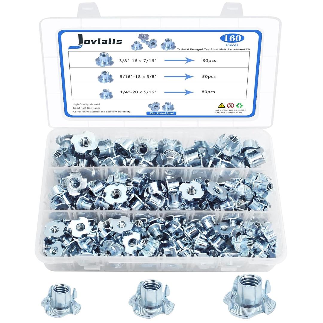 T Nuts 1/4"-20, 5/16"-18, 3/8"-16, Jovlalis 160 pcs Zinc Plated Steel T-Nut 4 Pronged Tee Blind Nuts Assortment Kit for Wood, Rock Climbing Holds, Cabinetry, Furniture