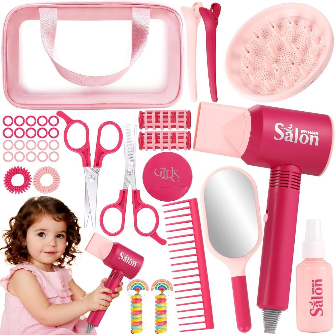 GAGAKU Kids Pretend Play Hair Salon Set, Pink, 36 Piece Beauty Styling Accessories Kit with Toy Dryer, Scissors, Combs for Girls