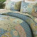 NEWLAKE Quilt Set Twin Size, 100% Cotton Patchwork Green Bohemian Quilt Sets, Reversible Bedspread Lightweight and Breathable for All Seasons, Soft Quilted Bedspread