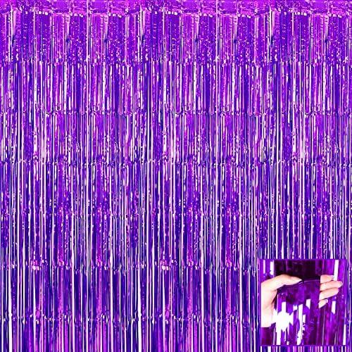 Halloween Decorate 3 Pack Purple Foil Fringe Curtain Backdrop, 3.28Ft x 6.56Ft Metallic Tinsel Streamers Curtains for Party, Photo Booth Props, Birthday, 2022 Graduation Decoration Supplies