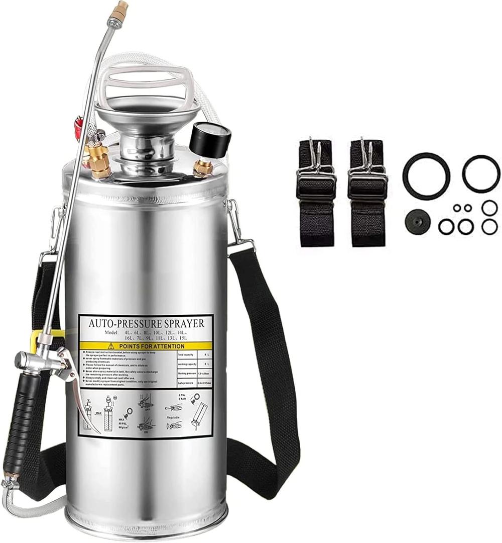 1.5Gal Stainless Steel Pump Up Sprayer Reinforced Hose, Hand Pump Sprayer with Pressure Gauge&Safety Valve, Adjustable Nozzle Suitable for Gardening (1.5 Gallon)