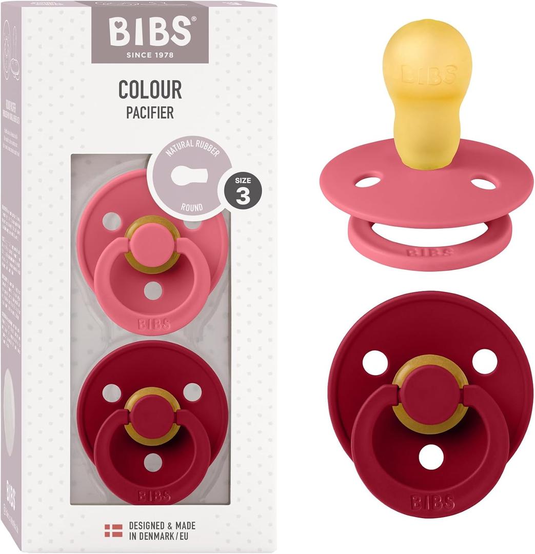 Bibs Pacifiers Color Collection, Set of 2 BPA-Free Latex Pacifiers Made in Europe, Round Nipple Baby Pacifier. (6+ Month (Pack of 2), Coral / Ruby)