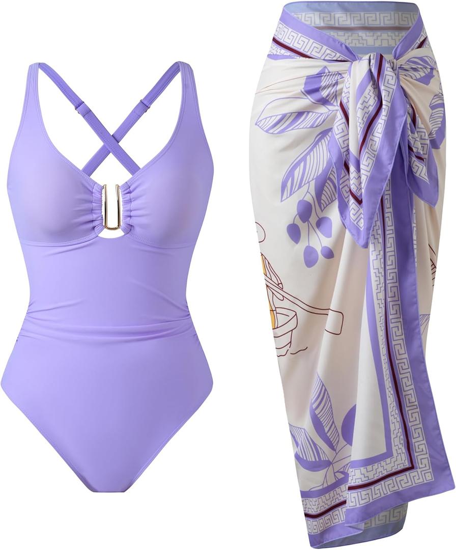One Piece Swimsuit Women with Cover Up Set Retro Bathing Suit for Women Tummy Control Beach Wrap Skirt (Large, Lightpurple)