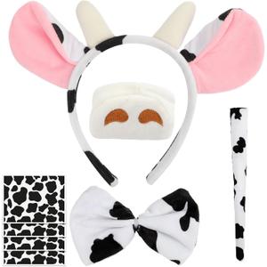 Mototo 8 PCS Cow Costume Accessories Set Ears Headband Women Milk Nose Tail Bow Tie Felt Pads Cow Print Sticker for Adults Halloween Birthday Dress Animal School Cosplay Party Favor