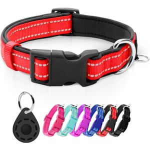 azuza Reflective Dog Collar with Airtag Holder, Soft Neoprene Padded Pet Collar with ID Tag Ring, Adjustable for Medium Dogs, Red(Medium (Pack of 1))