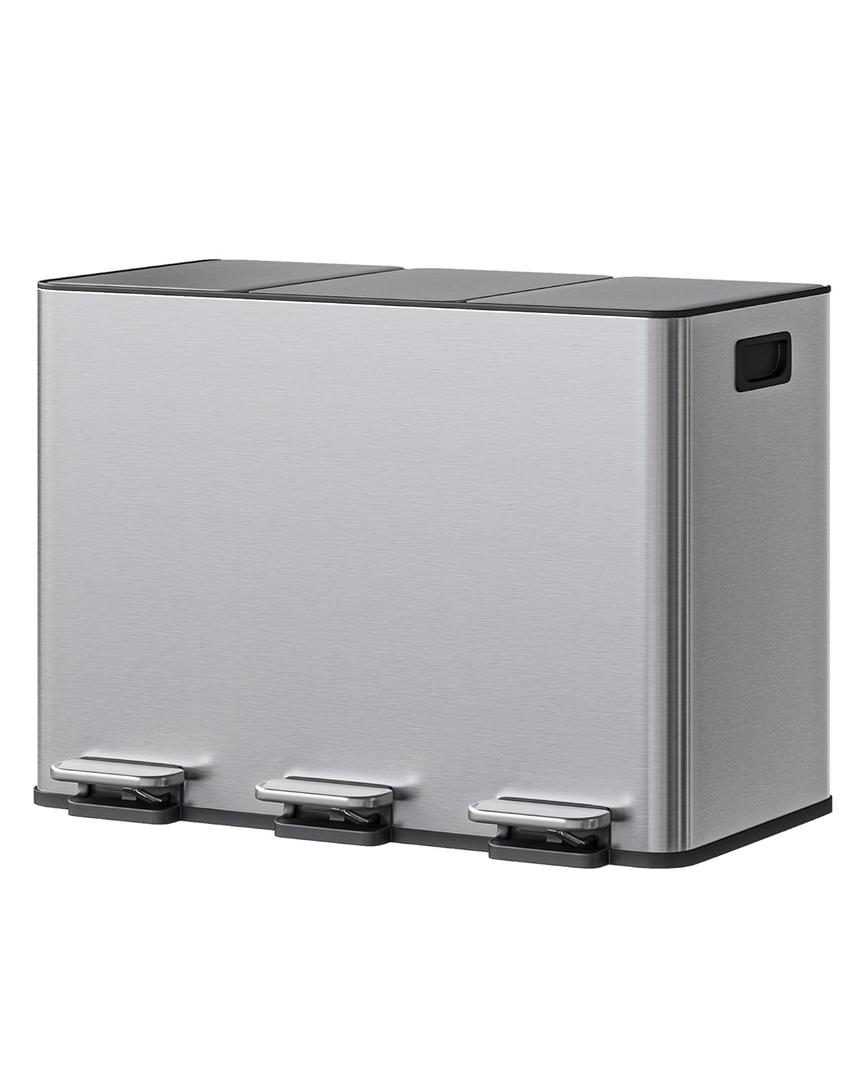GarveeHome 3-in-1 Stainless Steel Recycling Trash Can, 3 x 4 Gallon (12 Gal Total) Triple Compartment Kitchen Garbage Bin with Soft-Close Step Lid, Hands-Free Waste Sorting for Home, Silver