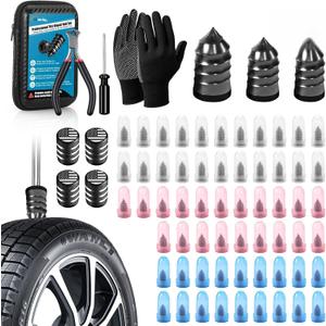90 PCS Tire Repair Kit, 3 Sizes Tire Repair Screws Rubber Nails with Valve Stems & Pliers & Gloves, Flat Threaded Tire Plug Kit Screw Type Puncture Fix Tool Patch for Car, Motorcycle, Truck, ATV