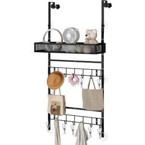 BUKFEN Adjustable Over the Door Hooks Organizer,Multi-Purpose Storage Organizer Over the Door Organizer with Shelf and Hooks,Hanging Door & Wall Mounted Coat Storage Rack for Bedroom,Bathroom,Kitchen