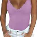 REORIA Women's Sexy V Neck Lace Backless Bodysuits Trendy Sleeveless Double Lined Thong Going Out Y2K Spaghetti Strap Tops (Large)