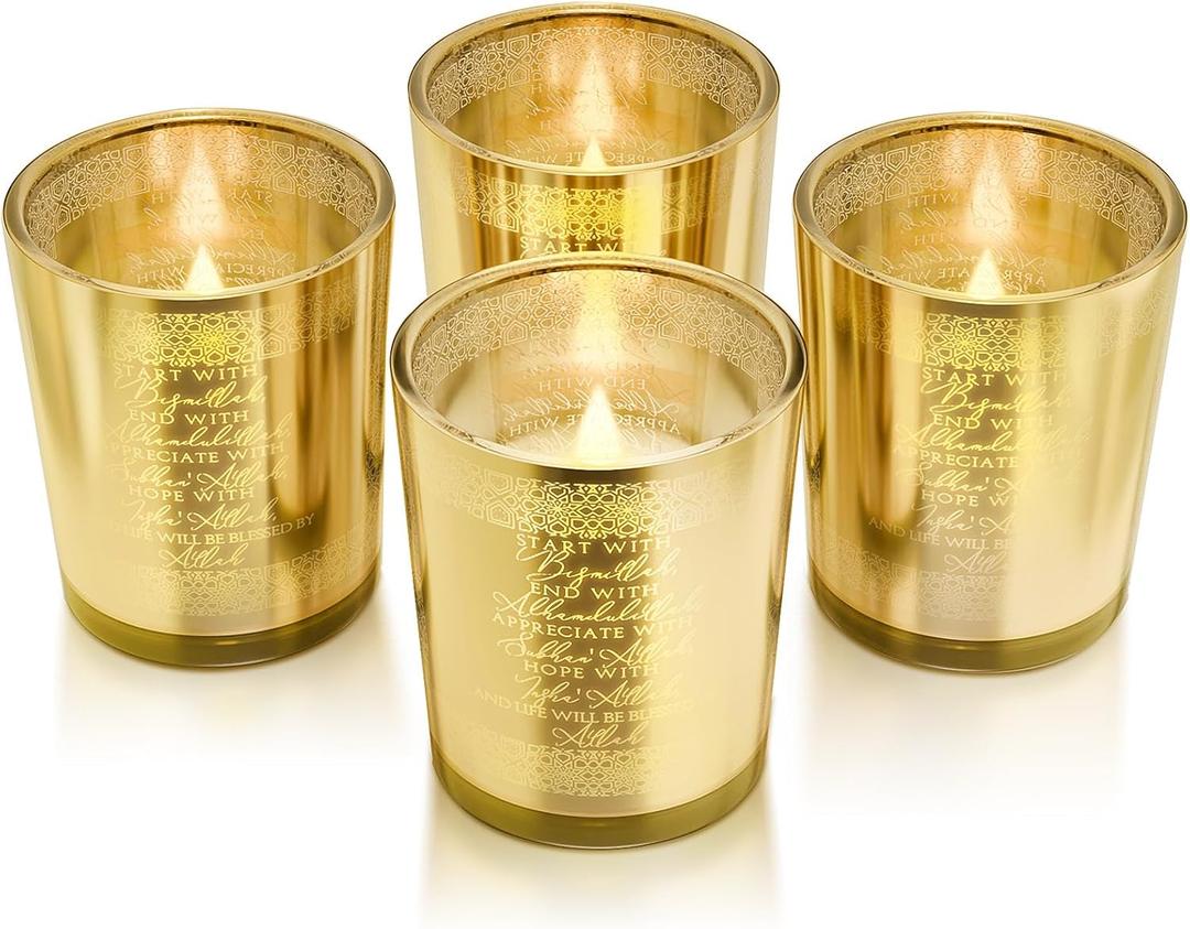 4 Pcs Islamic Votive Candle Holders Gold Glass Tealight Holders Bulk for Eid Al Adha Decorations Muslim Table Centerpiece Decor Wedding Birthday Party Ramadan Eid Mubarak