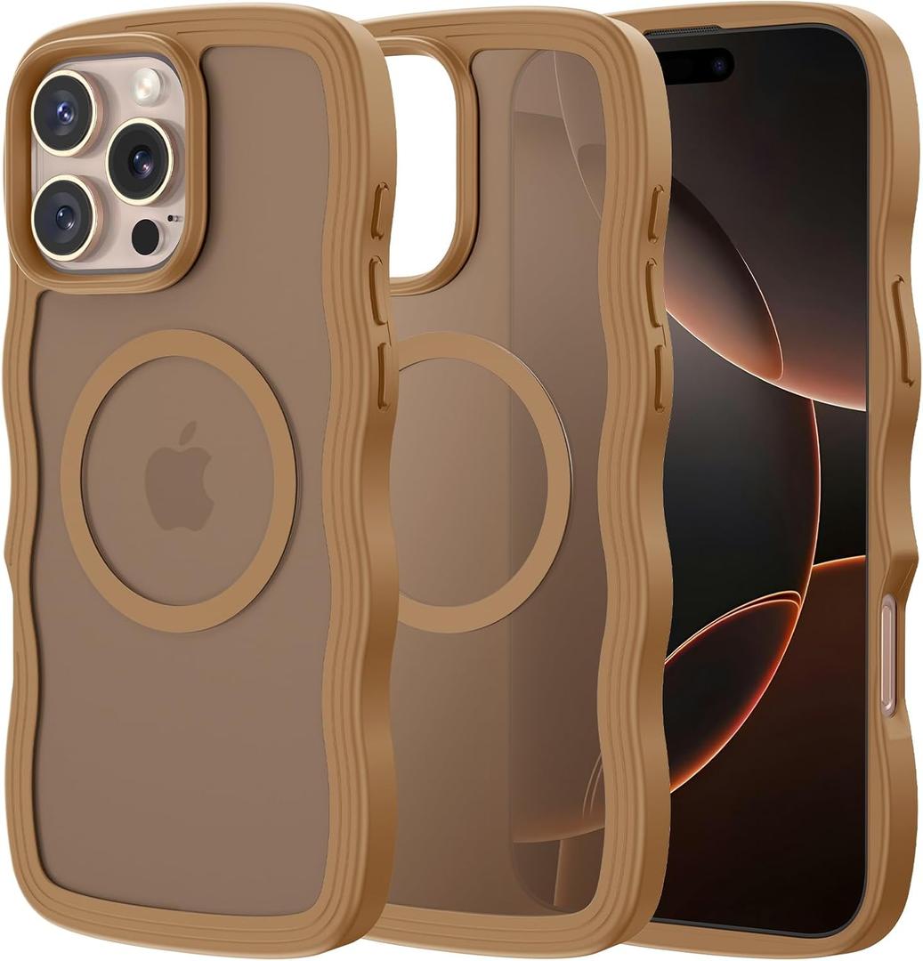 Maxdara for iPhone 16 Pro Max Case, [Compatible with Magsafe] Wavy Frame TPU Bumper Shockproof Drop Protection Translucent Magnetic Case for iPhone 16 Pro Max (Brown)