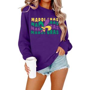 ALLTB Mardi Gras Sweatshirt for Women Carnival Outfit Shirt Fat Tuesday Shirt Holiday Party Long Sleeve Tops (XL)