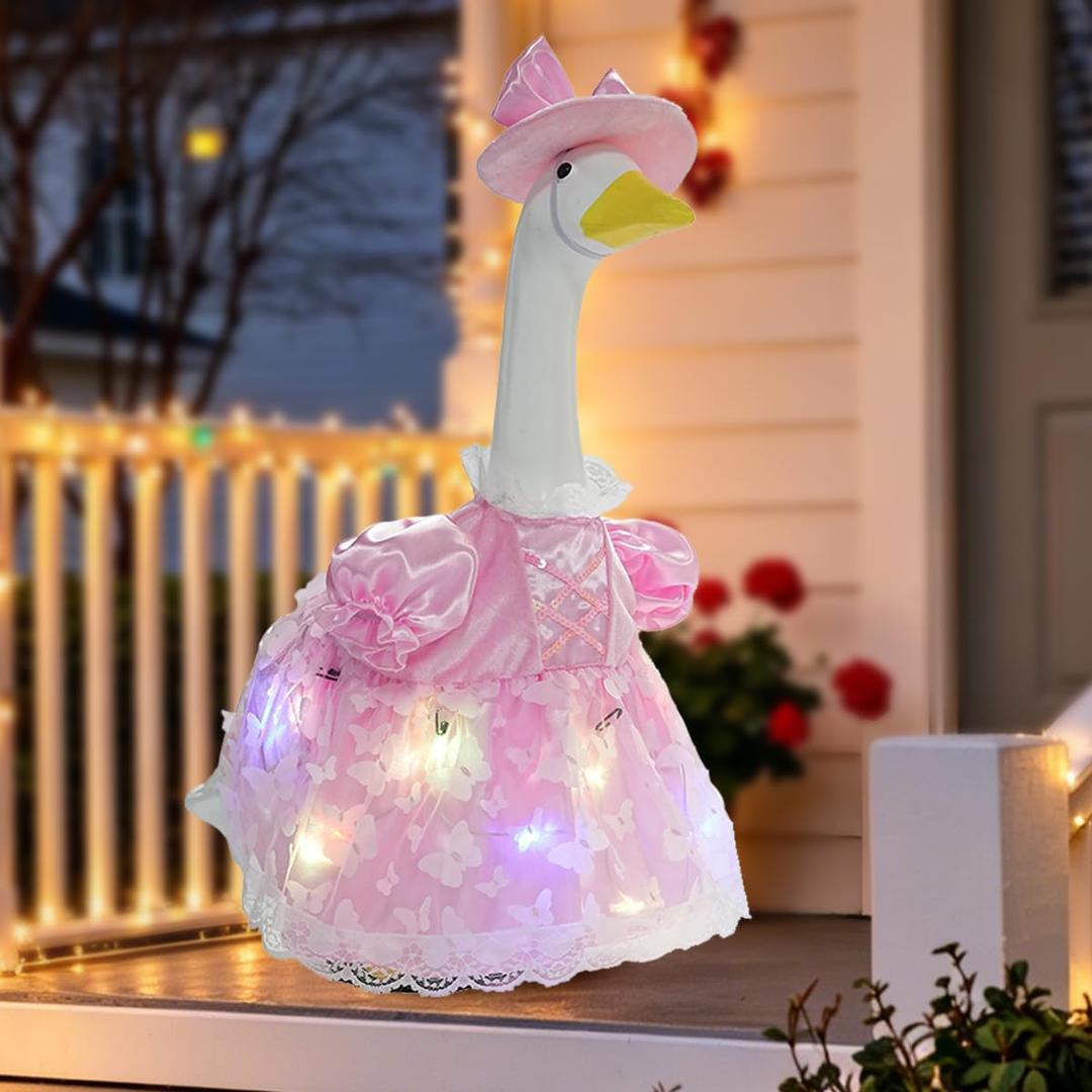 Porch Goose Spring Outfits - 23 Inch Glowing Pink Butterfly Accessories for Concrete Goose Statue - Fairy Garden Outfit That Shines at Night - Spring Porch Goose Clothes for Patio Garden Decoration