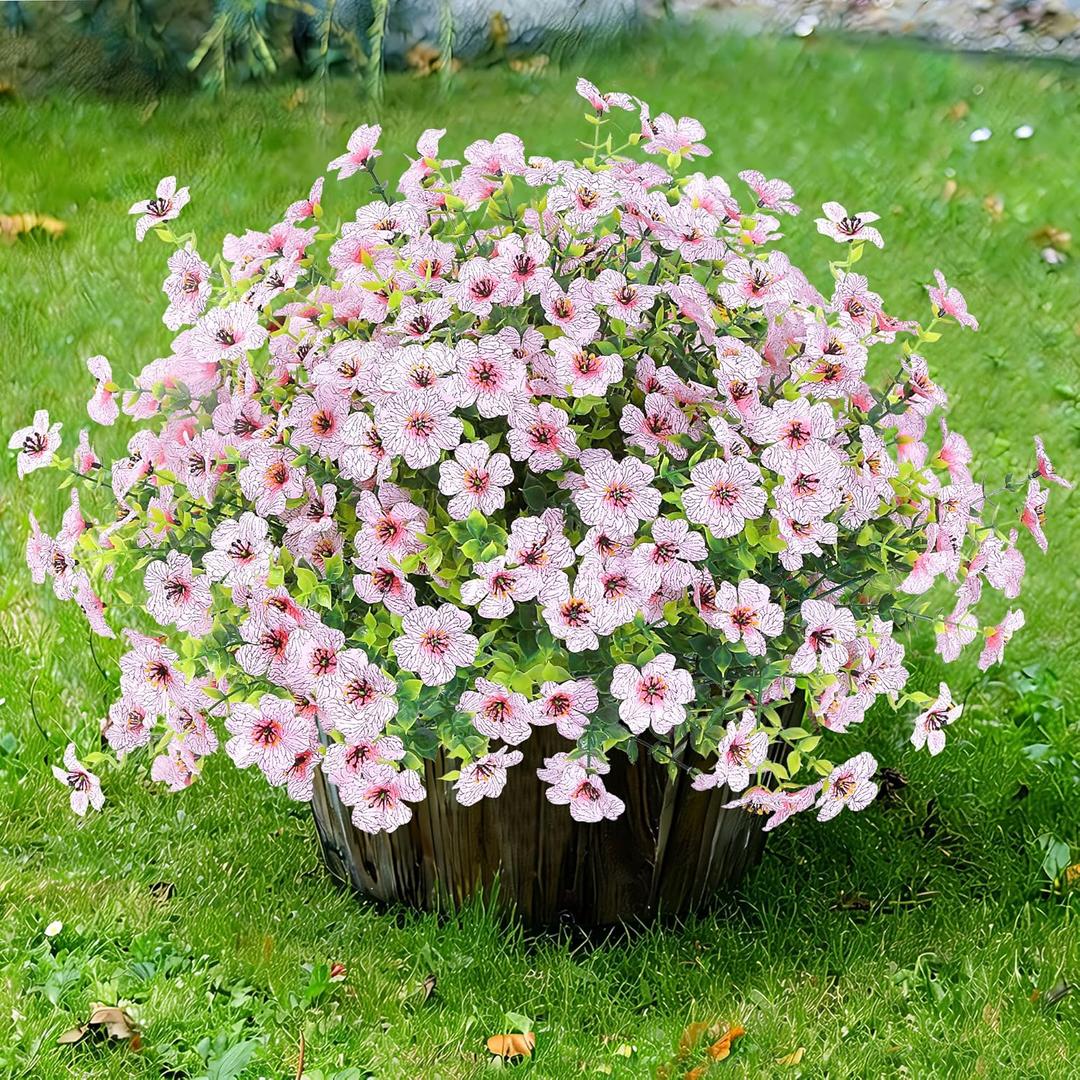 Sggvecsy Artificial Flowers for Outdoors 12 Bundles Realistic Faux Plants UV Resistant Fake Silk Daisy with Eucalyptus for Boxwood Planter Patio Porch Outside Spring Summer Decoration(Pink)