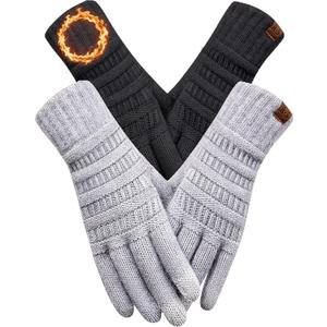 REACH STAR 2 Pairs Winter Gloves for Women, Touch Screen Warm Knit Thermal Gloves for Cold Weather Gifts (One Size, Black+light Grey)