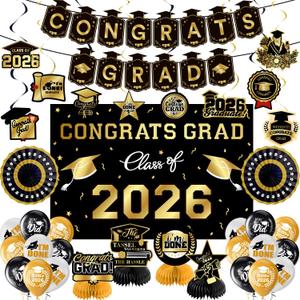 Graduation Decorations 2026 Gold Themed Set, Congrats Grad Banner Class of 2026 Backdrop Balloons and Streamers Kit High School and College Graduation Party Supplies