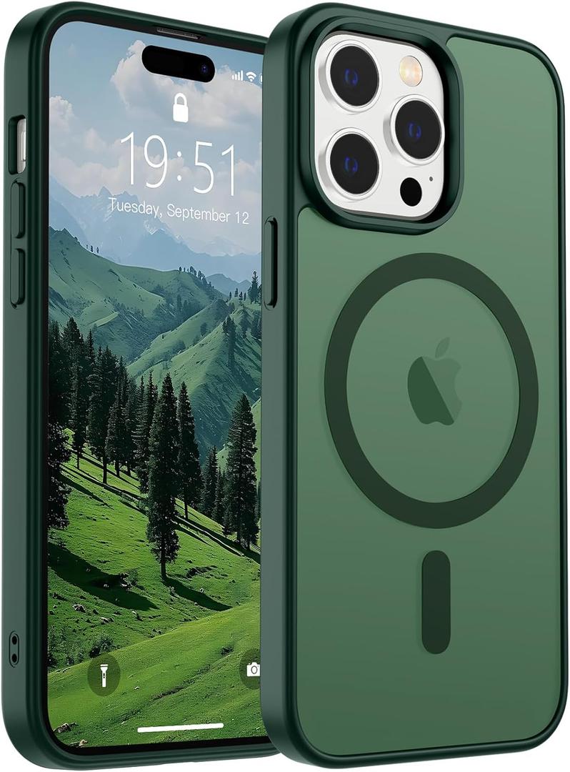 SUPFINE Magnetic for iPhone 14 Pro Case (Compatible with MagSafe)(Military Grade Drop Protection) Translucent Matte Shockproof Phone Case,Forest Green