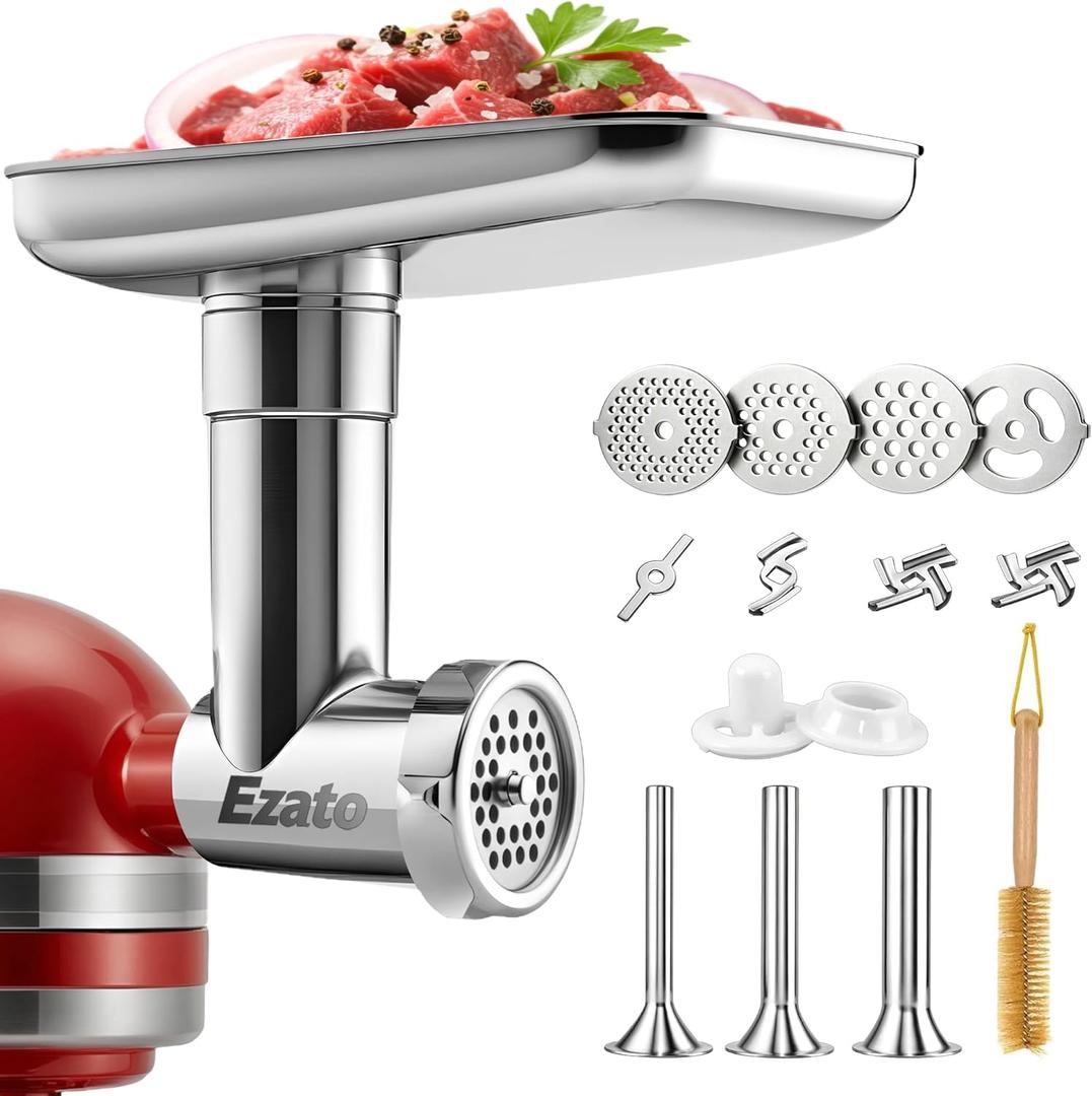 Stainless Steel Meat Grinder Attachments for KitchenAid, Sausage Stuffer, Compatible with KitchenAid Stand Mixer of All Models, Dishwasher Safe (Light Silver)