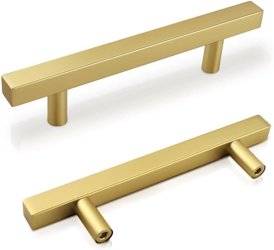 Brass Dresser Pulls 3-3/4 Inch, Pack of 5 Gold Drawer Handles Cabinet Pulls, Brushed Gold Kitchen Cabinet Handles, 6 Inch Overall Length