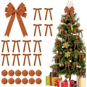 25 Pcs Camel Velvet Tree Topper Christmas Ornaments Include Large Christmas Bows Tree Topper 12 Xmas Velvet Balls 12 Camel Bows for Xmas Holiday Door Fireplace Wall Party Decor