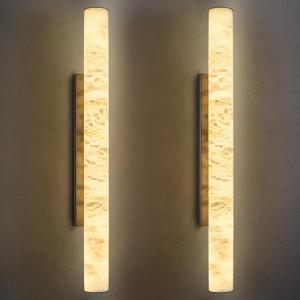 LMQNINE Natural Alabaster Wall Sconces Set of Two Spanish Marble Wall Light Cylinder Modern Black LED Sconce for Living Room Bedroom Bathroo Stairs（L-2Pack）