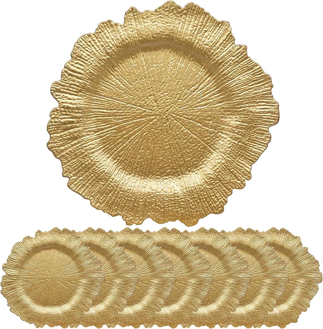 Gold Reef Charger Plates,10 Pack 13" Gold chargers for Dinner Plate-Reusable Plastic Charger Plates,Round Table Chargers for Wedding,Party,Event,Decoration(Reef Gold10)