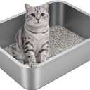Stainless Steel Litter Box with High Sided, Metal Cat Litter Box, Odor-Free, Non-Stick Litterbox Pan, Easy to Clean Pet Supplies Toilet Tray for Indoor Cats, Kittens or Multicat Homes
