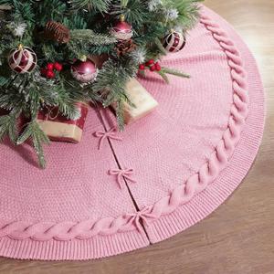 36 Inch Christmas Tree Skirt, Chunky Rustic Twisted Woven Round Tree Skirt with Tie Closure for Family Gatherings, Holiday Parties, Christmas Decorations (Pink)