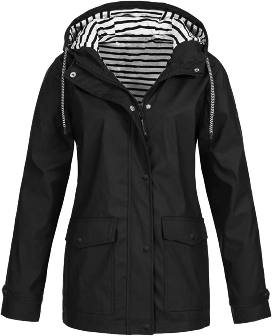 Tcremisa Women's Raincoats Waterproof Rain Jacket Lightweight Active Outdoor Hooded Trench Coats Zip Up Windbreaker (Medium, black)
