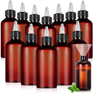 Barydat 12 Pcs Applicator Bottles for Hair, Squeeze Hair Oil Applicator Bottle Refillable Empty Plastic Bottles, Twist Cap with Open Close Nozzle and 2 Funnels (8 oz,Brown) (7.5 inches high, multicolor)
