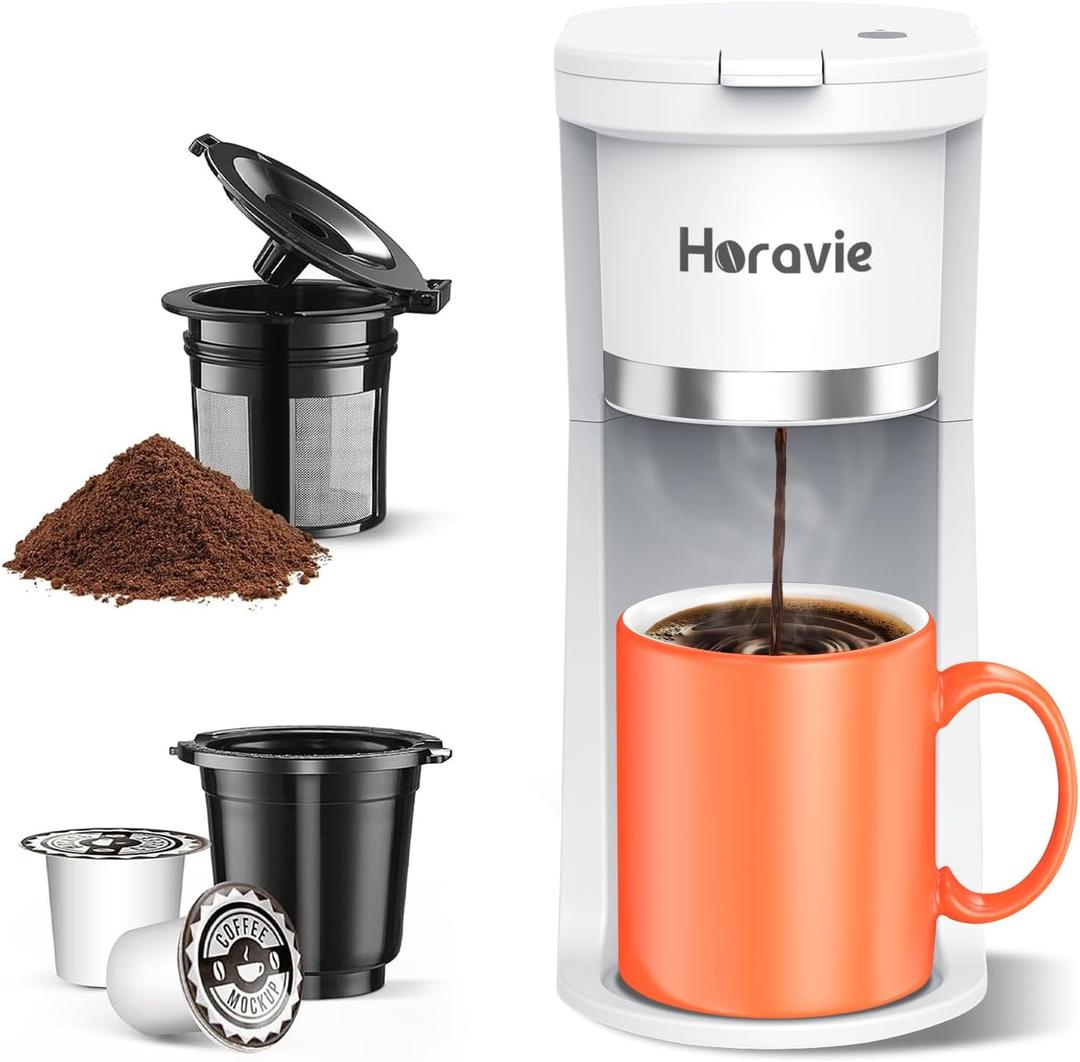 Small Single Serve Coffee Maker, Fast Brew One Cup Coffee Machine for K Cup and Grounds, 6 to 12 oz. Brew Sizes, Capsule Coffee Machine with Descaling Reminder and Viewing Tank, White (9.45 Inches)
