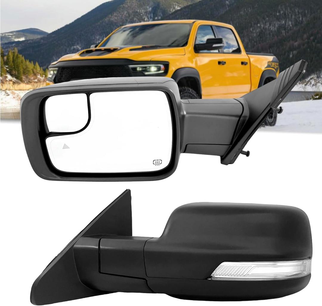 Left Driver Side Mirror Compatible With Dodge Ram 1500 2019-2024 With Power and Heated Glass Turn Signal Light and Puddle Light Temp Sensor Power Folding BSM Textured Back 15Pins