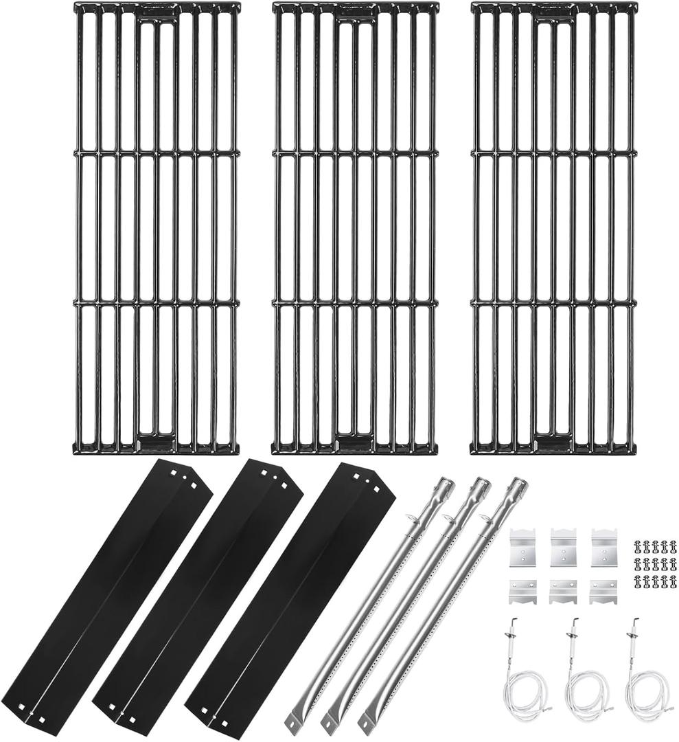 Hisencn Replacement Parts for Chargriller 3001, 3008, 3030, 4000, 5050, 5252 Gas Grill Models, Stainless Steel Burner, Porcelain Steel Heat Plate, Porcelain Cast Iron Cooking Grid Grates (Black)