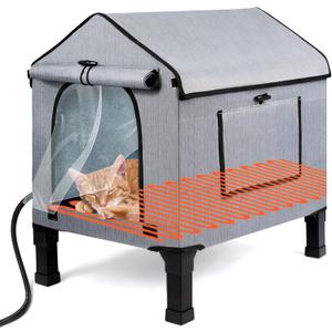 Heated Cat House for Outside, Waterproof Outdoor Cat Shelter with Thermostatic Pet Heating Pad for Winter, Large Elevated Pet Hetaing Bed with Rmoveable Canopy for All Seasons