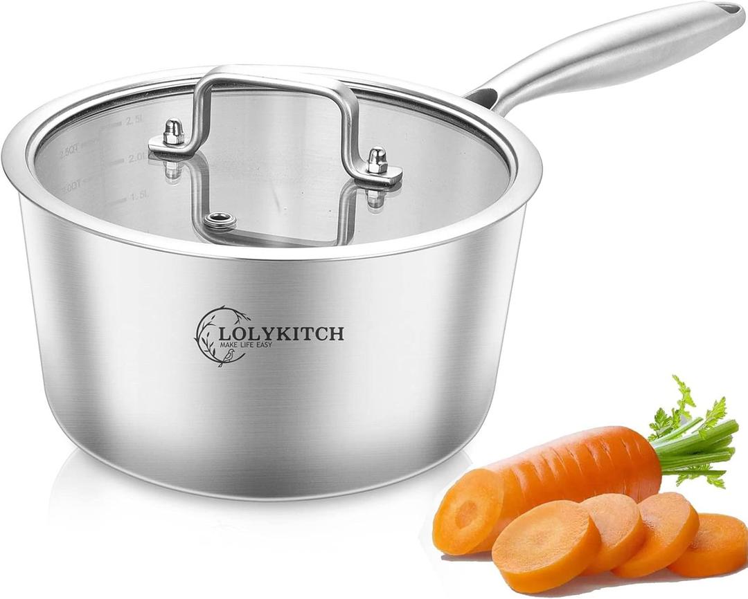 LOLYKITCH Tri-Ply Stainless Steel 2.5 QT Saucepan with Lid,Dia.18CM Induction Cooking Sauce Pot,Oven and Dishwasher Safe,Detachable Handle