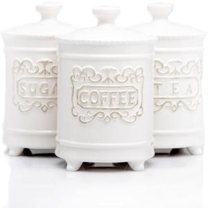 25DOL 35 Ounce Elegant Ceramic Kitchen Canisters Set of 3 - Beautifully Engraved Coffee Tea Sugar Storage Containers Airtight with Feet for Added Style and Stability - Ceramic Jar with Airtight Lid