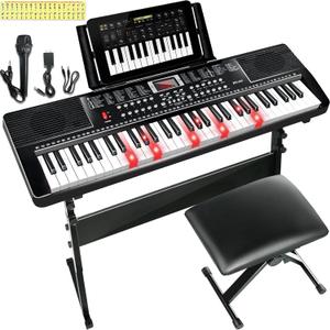 61 Key Keyboard Piano for Beginners with Lighted Keys & Pro Teaching Modes,Includes Stand, Bench, Microphone, Music Stand,70 Demos, 200 Rhythms/Tones, Gift for Beginners, 61Key Keyboard Piano Kit with Piano Stool & Stand