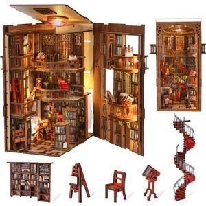 MiniCity Book Nook Kit, DIY Miniature Dollhouse Booknook Kit, 3D Wooden Puzzle Bookend Bookshelf Insert Decor with LED Light for Teens and Adults (Abbey Library)