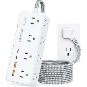DEPOW Power Strip Surge Protector, 5FT Braided Extension Cord with Multiple Outlets-8 AC Outlets 4 USB Ports (2 USB C), Flag Plug Charging Station, 1700 Joule Surge Protection for Home Office, White