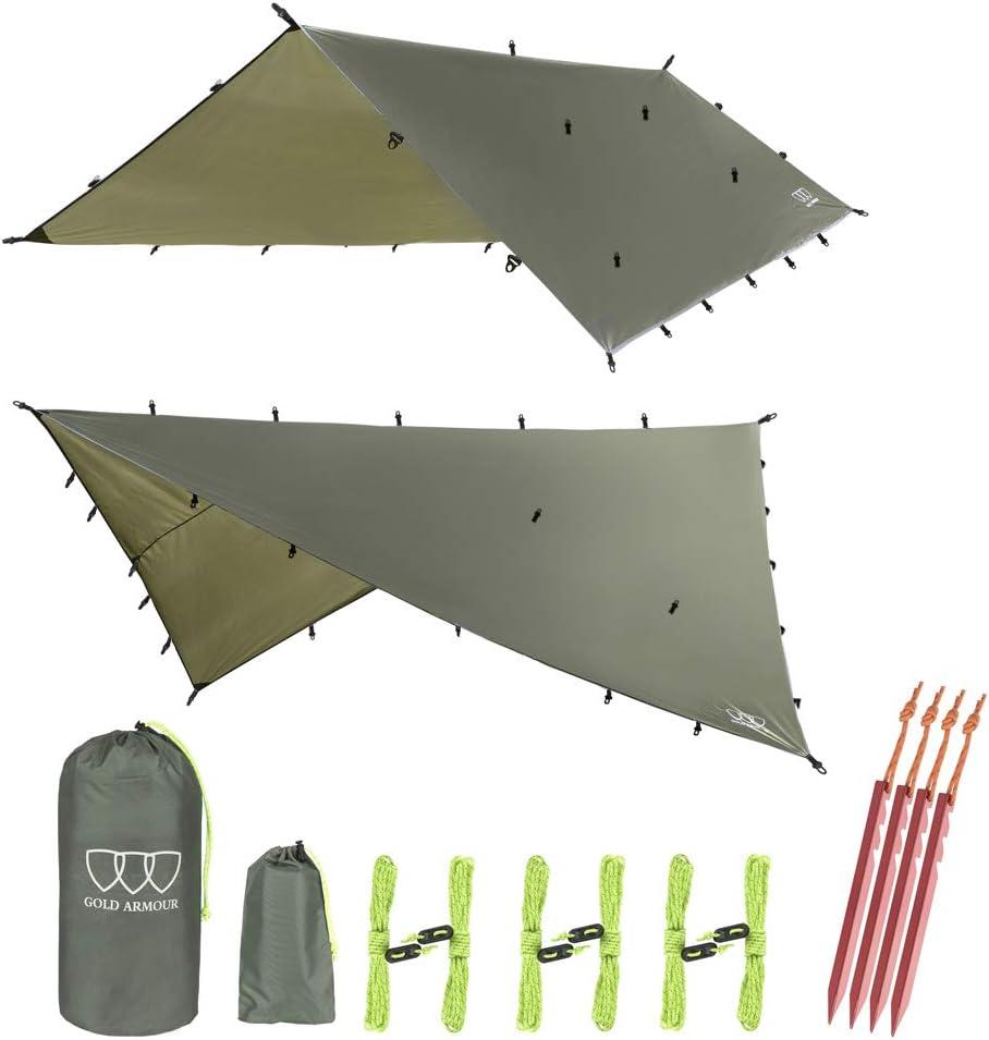 Gold Armour Rainfly Tarp Hammock, Premium Rain Fly Cover, Waterproof Ultralight Camping Shelter Canopy, Survival Equipment Gear Camping Tent Accessories (OD Green 12ft x 10ft)