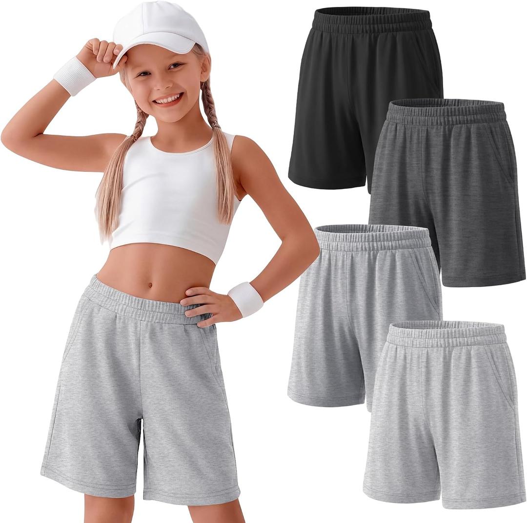 4 Pack Girls Bermuda Athletic Shorts | Girls Knee Length Shorts, Long Shorts, Elastic Waist, Loose Fit, Back to School, Summer Pants, 5-14 Y