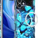 for iPhone 16 Plus Case, [Compatible with MagSafe] Oil Painting Printed Flower Laser Glossy Pattern Cute Curly Wave Edge Exquisite TPU Protective Case for Girls Women,Blue