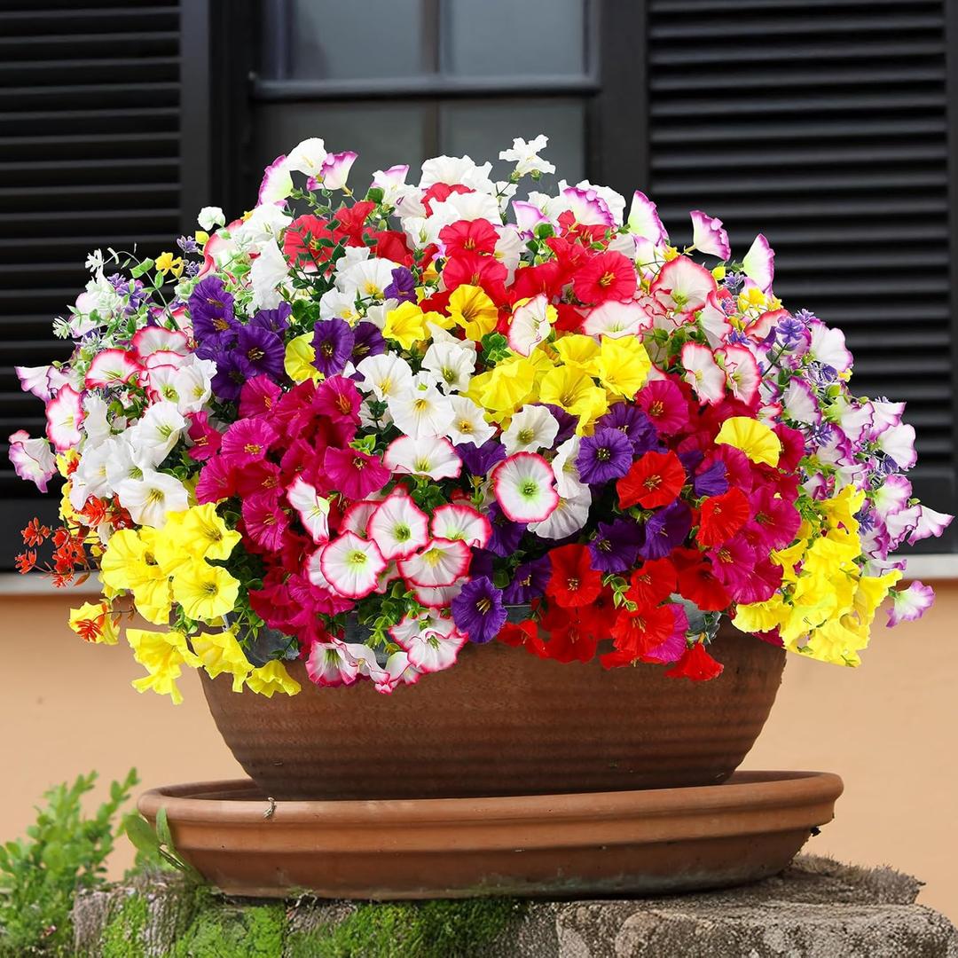 52 Bundles Artificial Flowers for Outdoor 32 Fake Colorful Morning Glory & 20 Realistic Silk Camellia Faux Flower Bulk for Front Door Planter Porch Patio Yard Balcony