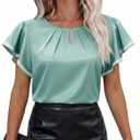 siliteelon Blouses for Women Business Casual Tops for Women Ruffle Short Sleeve Flowy Satin Silk Work Trendy Elegant Summer (Blue, L)