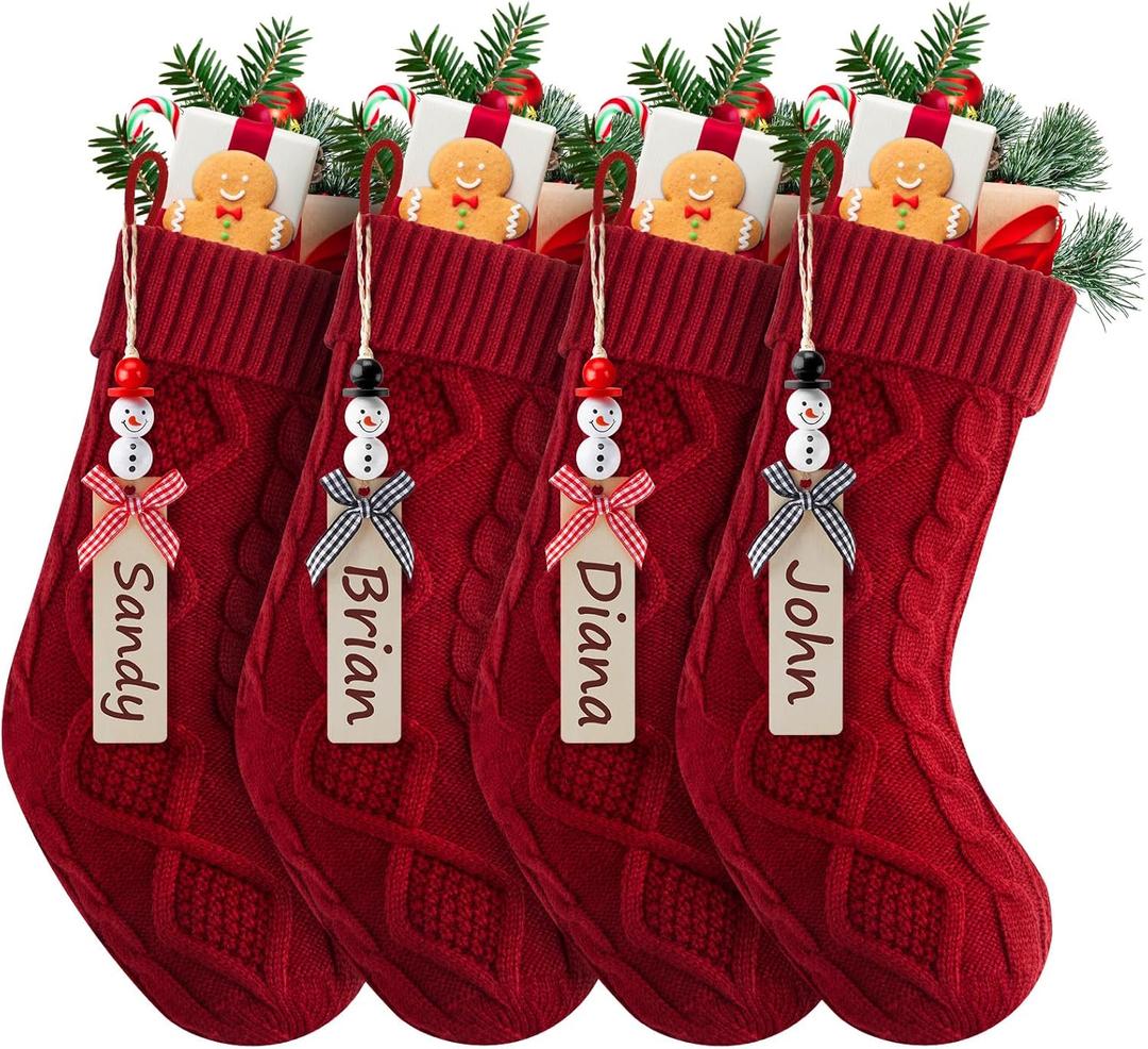 Minetom Christmas Stockings, Personalized Christmas Hanging Stockings with Name Tags, 18 Inches Large Size Knitted Stockings for Mantels Christmas Tree Family Holiday Decor, 4 Pack, Red