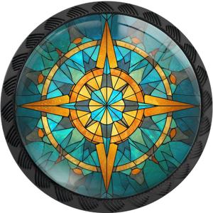 4 Pack Stained Glass Retro Compass Cabinet Knobs Round Drawer Pulls Black Dresser Knob Cupboard Door Handles Hardware for Kitchen Bathroom Cabinets