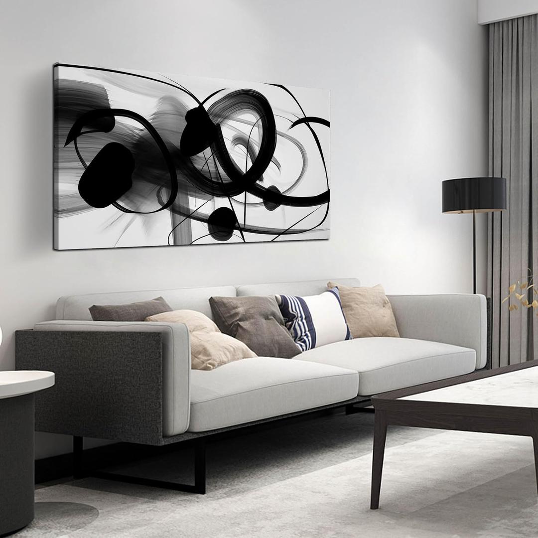ANCXWOTER Large Canvas Wall Art for Living Room Bedroom Abstract Line Black and White Picture Ink and Wash Artwork Canvas Prints 24x48 Inch