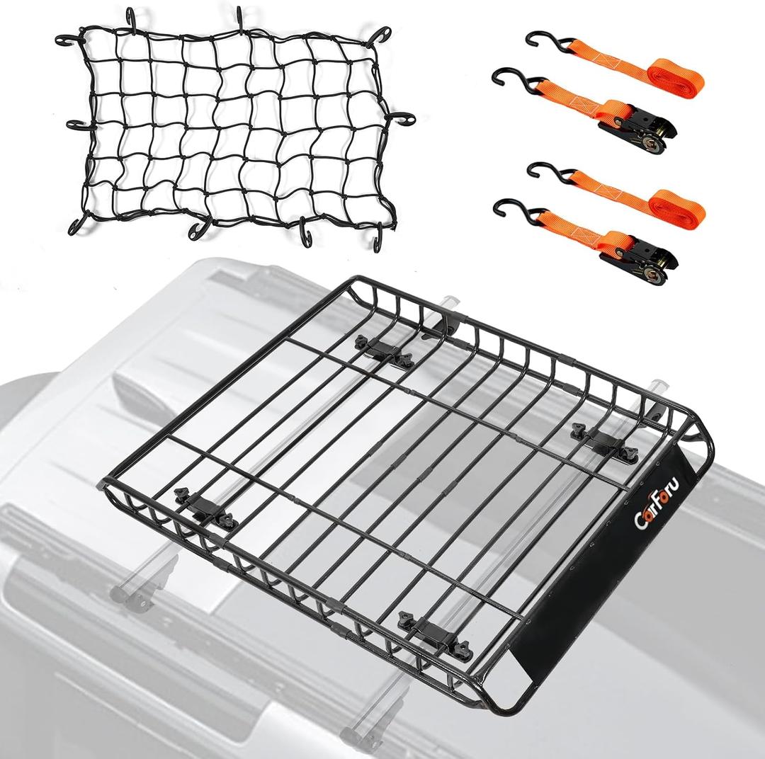 Roof Rack Basket 51 X 36 X 5 Upgraded Universal Rooftop Cargo Basket, Heavy Duty 250LB Cargo Basket Car Roof Basket for SUV, Truck, Cargo Net with Attachment Hooks, 2pcs Ratchet Straps